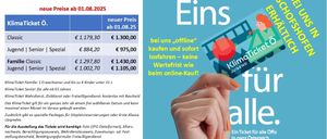 Das Bild zeigt eine Ticket-Werbung für 'Klimaticket' in Österreich. Es hebt die neue Preisgestaltung ab dem 01.08.2025 hervor. Es bietet sofortige Einsparungen offline, ohne Wartezeit wie beim Online-Kauf. Die Preise für verschiedene Kategorien sind aufgelistet.