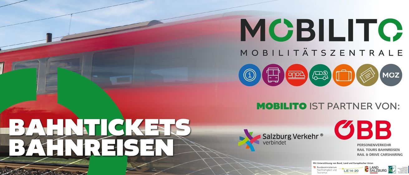 Ein Werbebild für M-Tickets Reisen mit einem fahrenden Zug, verschwommenem Hintergrund und Symbolen für Mobil und Ticket.