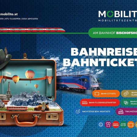 Eine Werbung für Bahnreisen Bahntickets zeigt einen Koffer mit verschiedenen Reisegegenständen. Ein Zug ist mit einer malerischen Kulisse dargestellt. Optionen umfassen Bahn-CityHits, Bahn-Flusskreuzfahrten und Bahn-Klima. Nachtzüge und Traumzüge sind hervorgehoben.