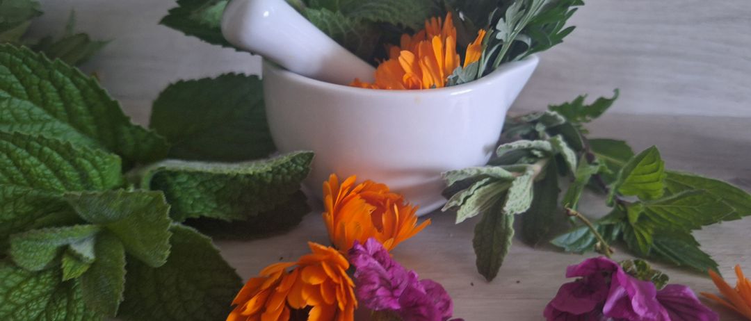 Ein weißer Mörser und Stößel gefüllt mit grünen Kräutern und orangefarbenen Blumen auf einem Holztisch.