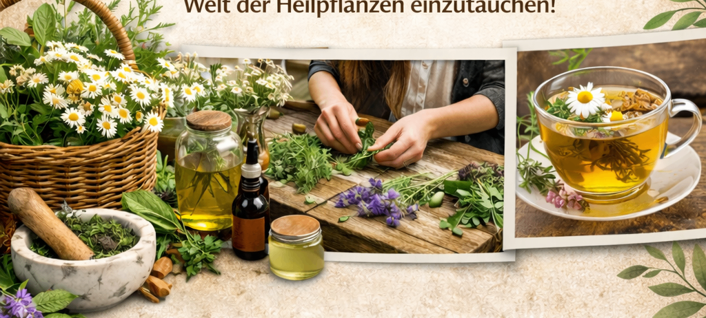Plakat für einen Kräuterworkshop, mit Kräutern, Tee und einem Mörser und Stößel. Der Workshop behandelt das Sammeln, Verarbeiten und Verwenden von Heilpflanzen. Datum: 23. Mai 2026. Zeit: 10:00-17:00 Uhr. Preis: 128 Euro.