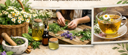 Plakat für einen Kräuterworkshop, mit Kräutern, Tee und einem Mörser und Stößel. Der Workshop behandelt das Sammeln, Verarbeiten und Verwenden von Heilpflanzen. Datum: 23. Mai 2026. Zeit: 10:00-17:00 Uhr. Preis: 128 Euro.