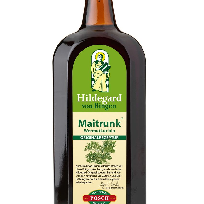 Eine Flasche Hildegard von Bingen Maitrank Wermut wird vor weißem Hintergrund präsentiert.