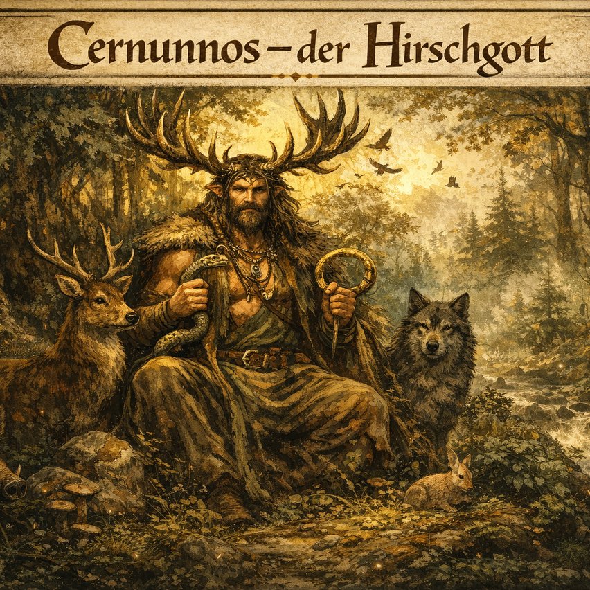 Ein Bild von Cernunnos, dem gehörnten Gott, der in einem Wald mit einem Hirsch, einem Wolf und einem Hasen sitzt. Er hält einen Stab und eine Schlange.