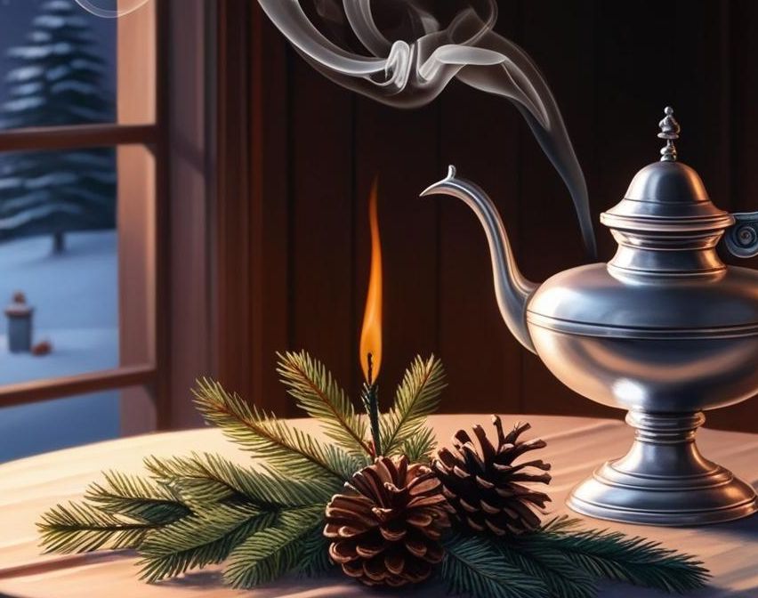 Eine Kerze brennt auf einem Tisch, geschmückt mit Tannenzweigen und Tannenzapfen. Rauch steigt aus einem silbernen Teekessel auf. Ein Fenster mit einem verschneiten Ausblick ist im Hintergrund sichtbar.