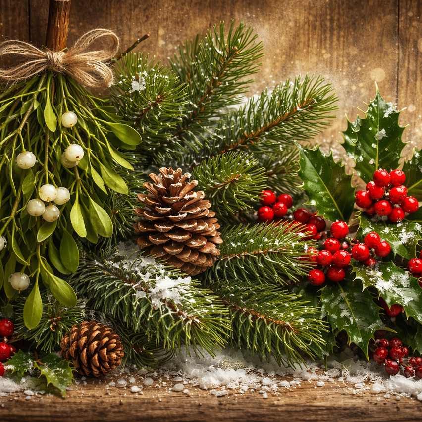 Auf einer hölzernen Oberfläche befindet sich eine dekorative Anordnung von Kiefernzapfen, Mistel und Stechpalme. Schneebedeckte Zweige und rote Beeren sind verstreut.