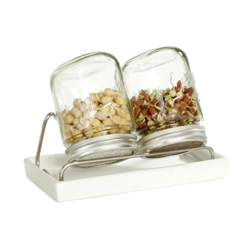 Zwei Glasgläser mit Deckeln, eines gefüllt mit Kichererbsen und das andere mit Sprossen, stehen auf einem weißen Tablett mit einem silbernen Sieb.