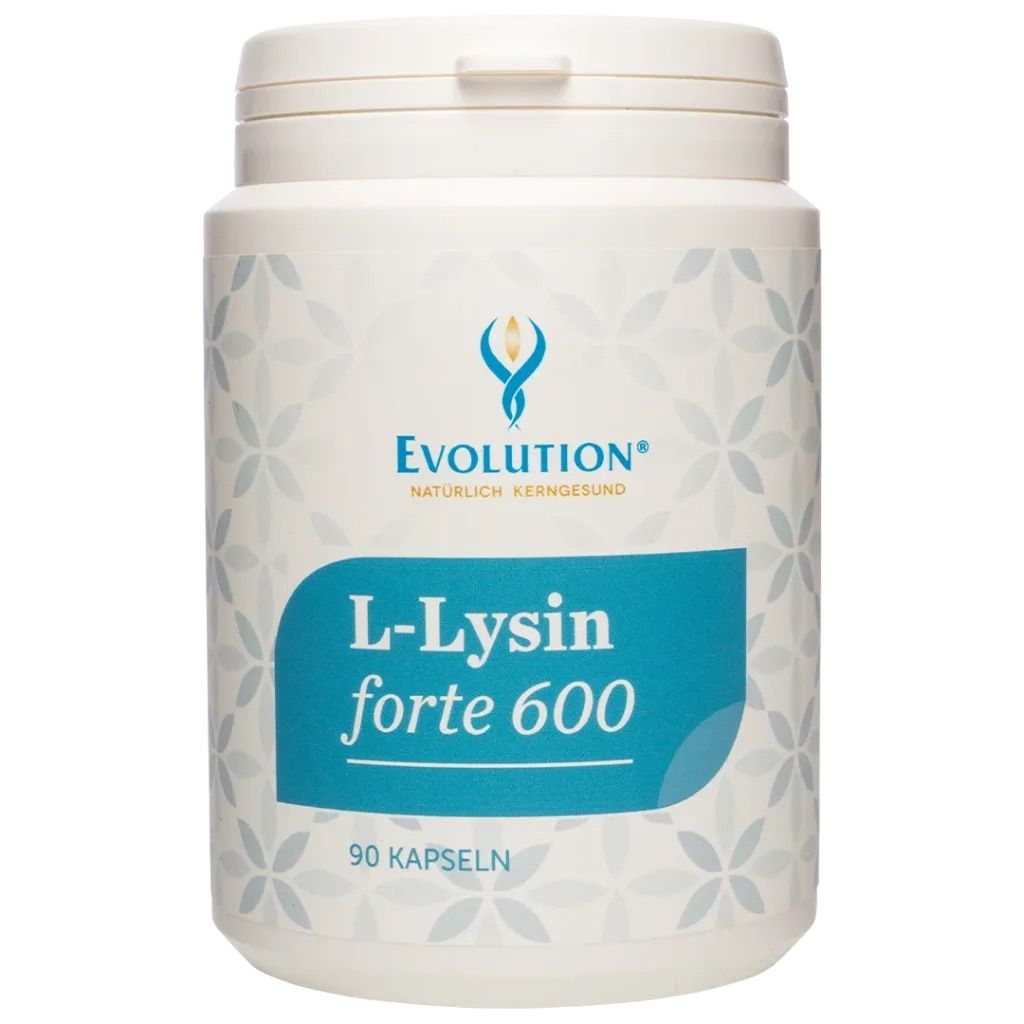 Eine weiße Flasche mit dem Aufkleber Evolution, mit einem blauen Etikett, das L-Lysin forte 600 liest, mit 90 Kapseln darin.