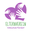 Logo für Elternverein Volksschule Parndorf, mit zwei Händen, die in Lila und Grün ein Herz bilden, auf schwarzem Hintergrund.