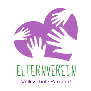 Logo für Elternverein Volksschule Parndorf, mit zwei Händen, die in Lila und Grün ein Herz bilden, auf schwarzem Hintergrund.