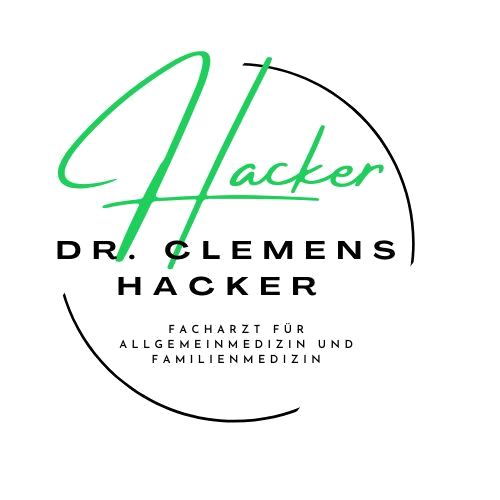 Ein kreisförmiges Logo mit dem Wort 'Hacker' in Grün, in einer stilisierten Schriftart, auf schwarzem Hintergrund. Darunter steht 'DR. CLEMENS HACKER' in Weiß, zusammen mit einem Slogan in kleinerem weißen Text.