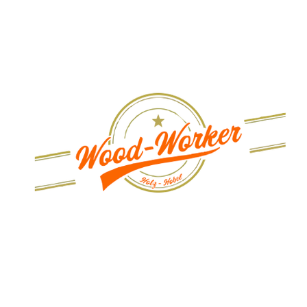 Wood-Worker Logo mit Stern, Text in Orange und goldenen Streifen auf weißem Hintergrund.