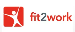 Das Bild zeigt ein Logo mit einem roten Quadrat und der Silhouette einer Person, zusammen mit dem Text 'fit2work' in Rot und Grau.
