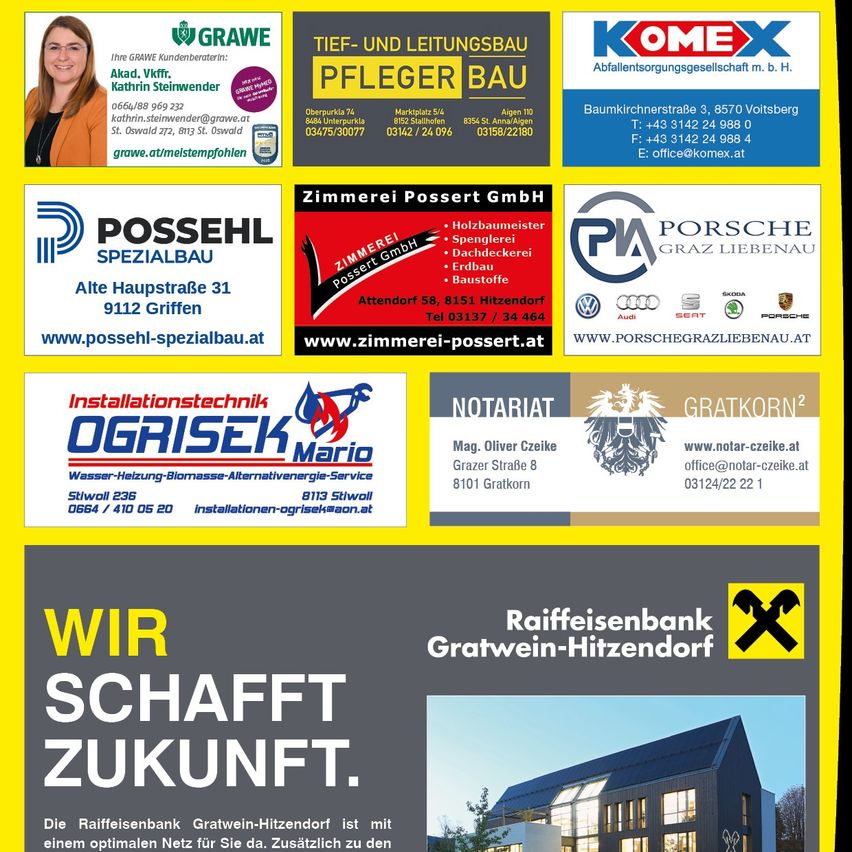 Ein Werbeplakat für verschiedene Unternehmen, darunter ein Pflegezentrum, ein Bauunternehmen, ein spezialisiertes Bauunternehmen, ein Porsche-Händler, ein Notar und ein Heizungs- und Klempnerservice. Die Unternehmen haben ihre Kontaktdaten und Logos angezeigt.