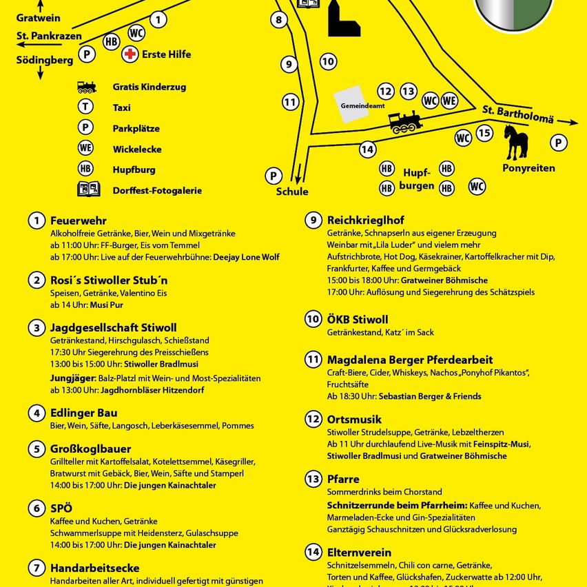 Eine Karte, die verschiedene Attraktionen und Einrichtungen in einer Stadt zeigt. Merkmale sind ein Feuerwehrhaus, eine Schule, eine Kirche, ein Spielplatz und verschiedene Geschäfte und Essensstände. Zeitpläne und Öffnungszeiten sind angegeben.