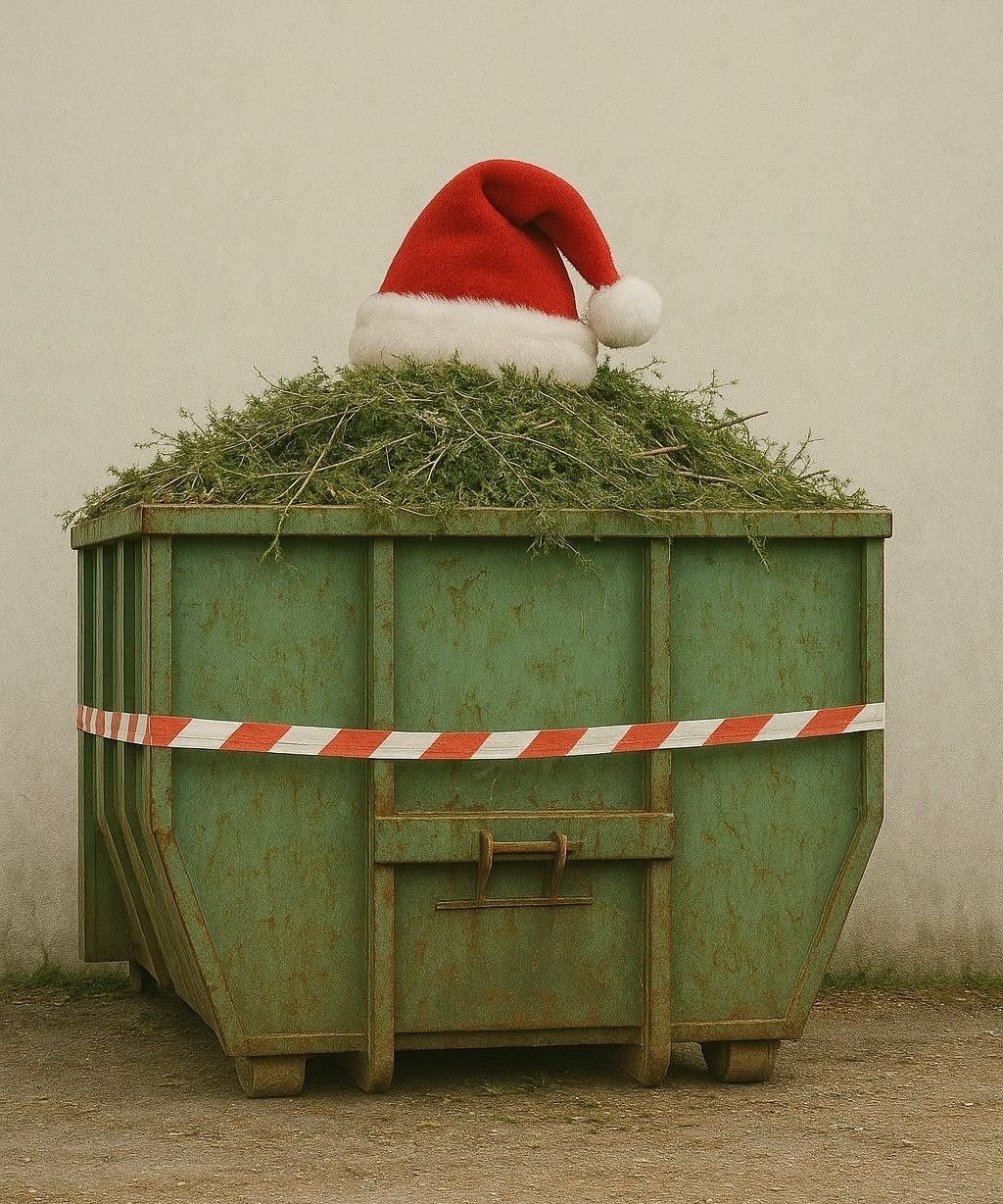 Ein Weihnachtshut liegt auf einem grünen Müllcontainer, der mit Gras gefüllt ist. Der Container hat ein rot-weiß gestreiftes Klebeband.