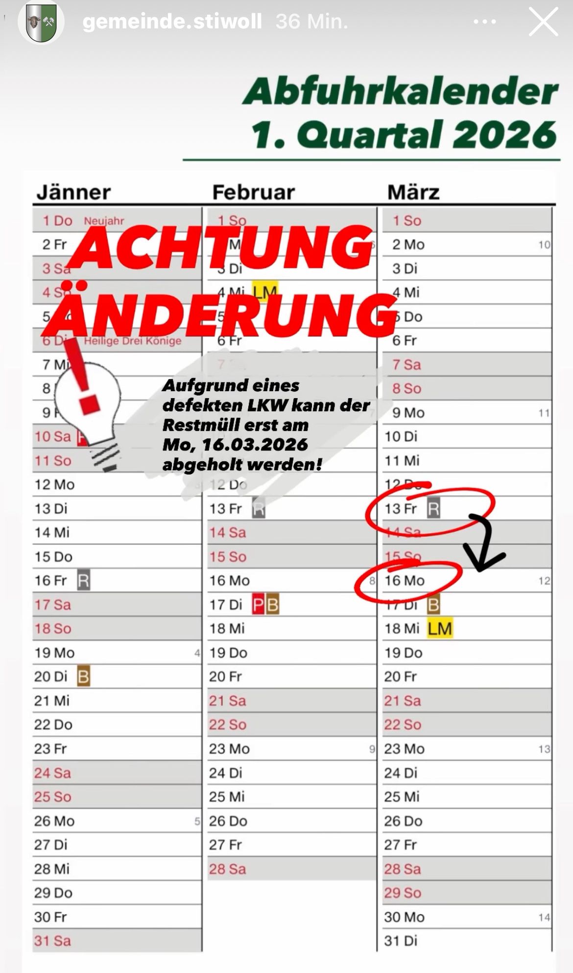 Das Bild zeigt einen Abfallsammelplan mit markierten Tagen für die Abholung. Hervorgehobene Daten umfassen den Montag, 16. März 2026, mit Änderungen vermerkt.