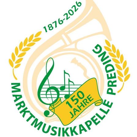 Das Logo feiert den 150. Jahrestag der Markmusikkapelle Preding, von 1876 bis 2026. Es zeigt eine Trompete, Noten und Weizenähren, die Musik und Ernte symbolisieren. Der Text 'PREDING' ist grün und 'MARKTMUSIKKAPELL' in grün und weiß.