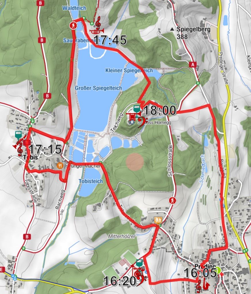 A map showing a route with various time stamps and locations like 'Kleiner Spiegelteich' and 'Gross Hornegg'. The route is marked with red lines and includes a lake and several roads.
