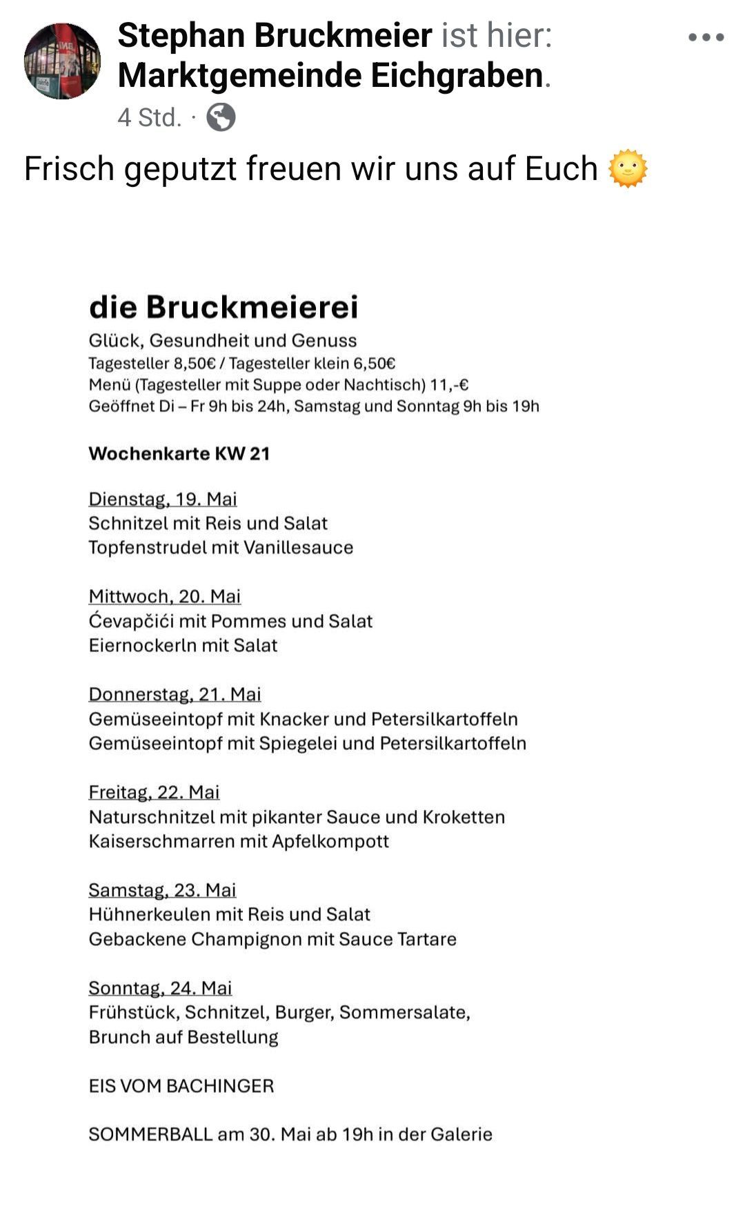 The Bruckmeierei offers a daily menu of chicken and egg dishes, with a small tag price of 6.50€ and a large tag price of 8.50€. Open from 9 am to midnight on weekdays, and 9 am to 7 pm on weekends. Week 21's menu includes a variety of dishes with vegetables and sauces.