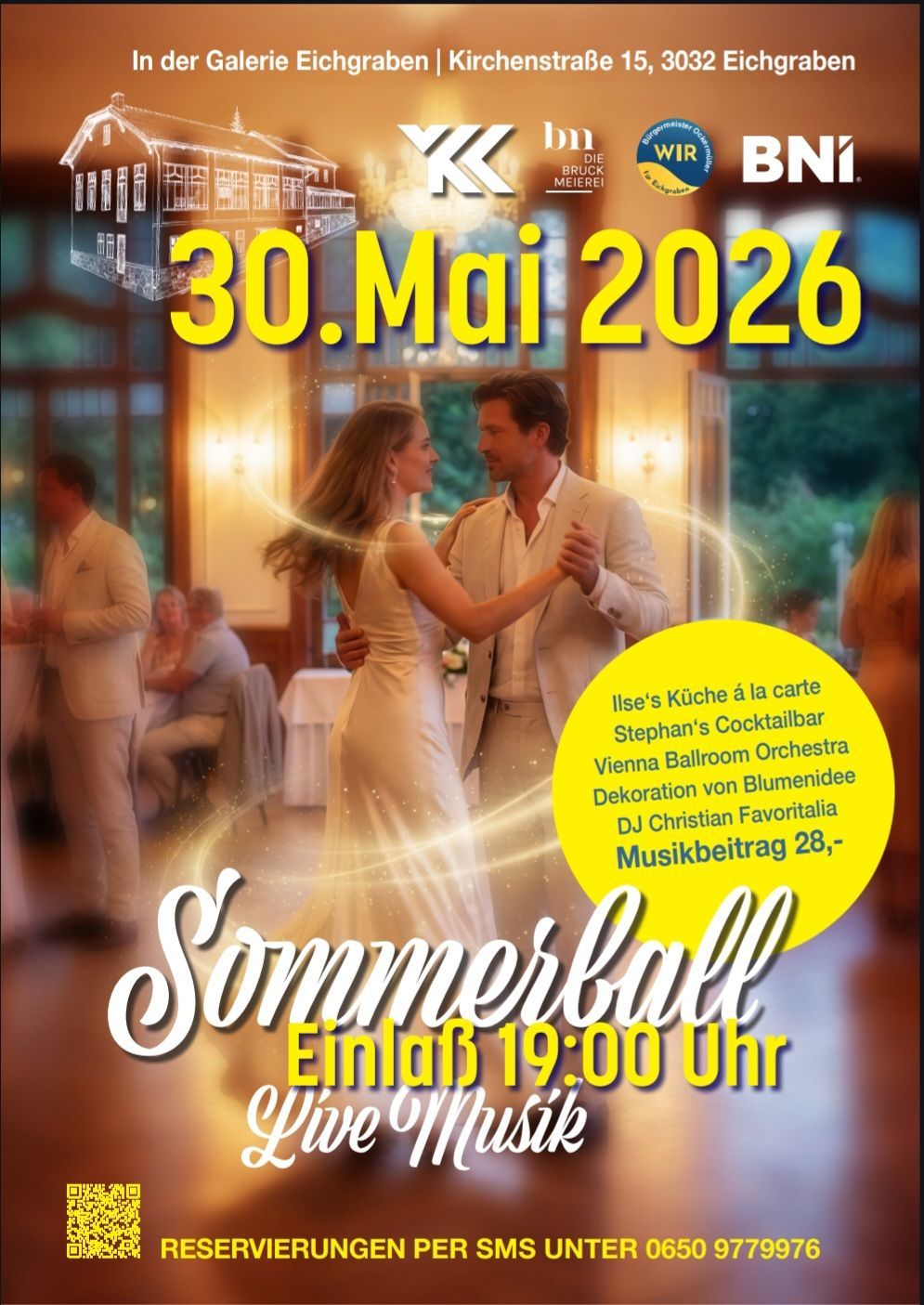Plakat für einen Sommerball am 30. Mai 2026, mit einem tanzendem Paar, Details zu Speisen, Cocktails, Orchester und DJ-Musik.