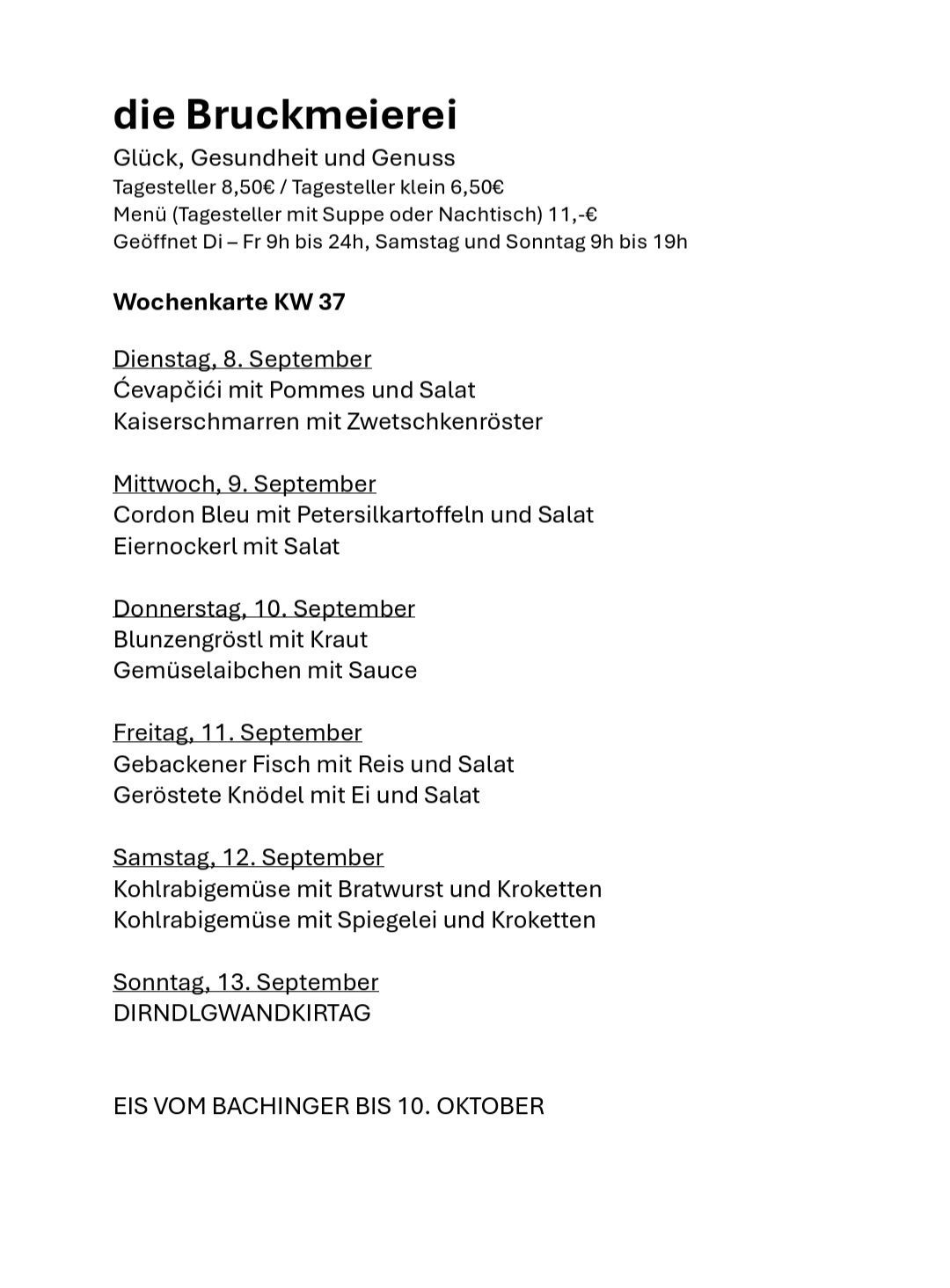 Weekly menu for the week of September 8th, featuring dishes like Cevapcici with Pommes and Salat, and Kohlrabigemüse with Bratwurst and Kroketten.