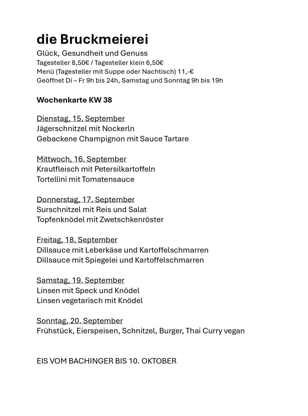 Wöchenliche Speisekarte für die Woche vom 15. bis 20. September. Gerichte umfassen Wild, Huhn, Rind und vegetarische Optionen. Preise für Tagesgerichte und Festmenüs sind aufgeführt.