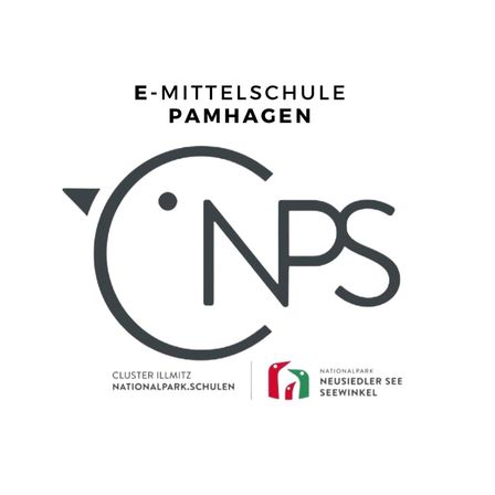 Logo für die e-Mittelschule Illmitz mit NPS-Cluster, das ein Fisch-Symbol und Text zeigt. Es steht 'E-Mittelschule Pamhagen'. Unter dem Logo steht 'Cluster Illmitz Nationalpark Neusiedler See Seewinkel'.