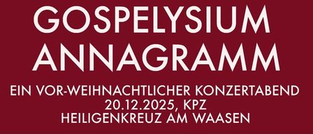Ein Plakat für ein Weihnachtskonzert von Gospelysium Annagramm. Die Veranstaltung findet am 20. Dezember 2025 in Heiligenkreuz am Waasen statt. Das Plakat zeigt ein Gruppenfoto von Künstlern auf einer Treppe und vier Personen vor einer rostigen Wand.
