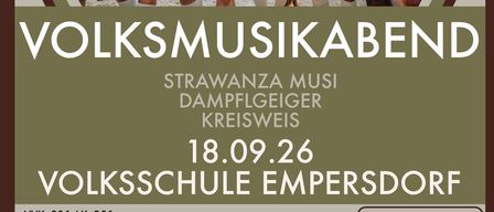 Eine Gruppe von Musikern in traditioneller Kleidung, die vor einem Bergpanorama stehen und verschiedene Instrumente halten. Das Plakat bewirbt einen 'Volksmusikabend'.