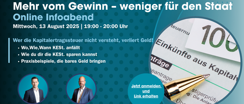 Werbeanzeige für eine Abendveranstaltung zu Anlagestrategien. Es zeigt Franz Beuchler, einen Anlageberater, der die Bedeutung des Verständnisses von Anlagesteuern betont. Die Veranstaltung ist für April 2025 von 19:00 bis 20:00 Uhr geplant.