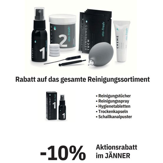 Rabatt auf das gesamte Reinigungssortiment. Beinhaltet Reinigungsstäbchen, Reinigungsspray, Hygienetabletten, Trockenkapseln und einen Reinigungskanalaufsatz. 10% Rabatt im Jänner.