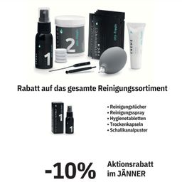 Rabatt auf das gesamte Reinigungssortiment. Beinhaltet Reinigungsstäbchen, Reinigungsspray, Hygienetabletten, Trockenkapseln und einen Reinigungskanalaufsatz. 10% Rabatt im Jänner.