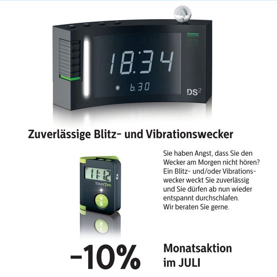 Ein zuverlässiger Wecker mit Blitz- und Vibrationsalarm. Er zeigt die Zeit 18:34 an und bietet einen Rabatt von 10% im Juli.