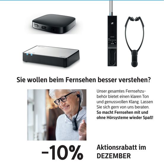 Das Bild zeigt verschiedene Audiogeräte, darunter einen schwarzen Empfänger, eine Fernbedienung und ein Headset. Eine lächelnde ältere Frau mit Brille und Headset ist ebenfalls zu sehen, zusammen mit einem Rabattangebot von 10% im Dezember.
