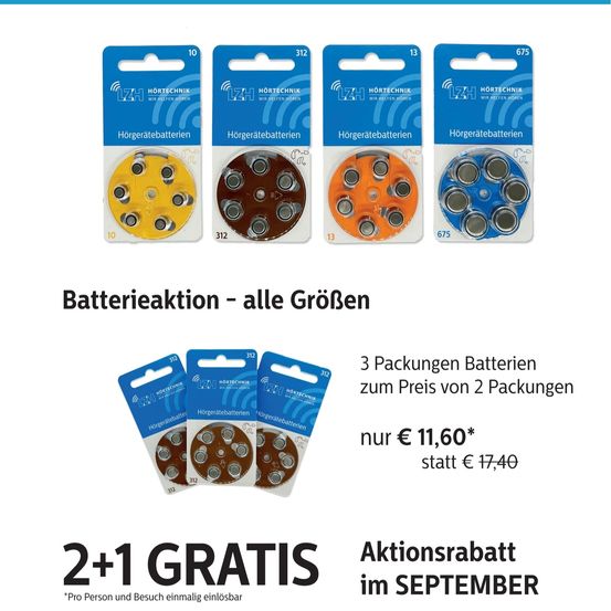 Aktion auf Batteriepacks verschiedener Größen. Kaufen Sie 3 Packungen zum Preis von 2, derzeit für 11,60€ statt 17,40€. 2+1 gratis, gültig bis September.