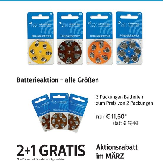 Aktion für Hörgerätebatterien. Vier verschiedene Packungen sind zu sehen, jede mit unterschiedlichen Batteriegrößen. Der Preis für drei Packungen beträgt 11,60 Euro, reduziert von 17,40 Euro. Ein 2+1-Gratis-Angebot wird erwähnt.