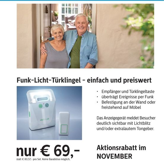 Eine Werbung für einen drahtlosen Türgong mit Licht, das ein lächelndes älteres Paar zeigt. Merkmale umfassen einen Sender, Lichtsignal und Optionen zur Wand- oder Möbelmontage. Preislich bei 69 €.