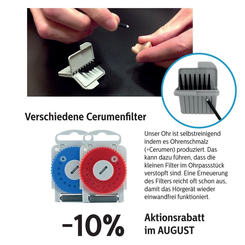Nahaufnahme von Händen, die ein kleines Werkzeug in eine weiße Box mit der Aufschrift 'Verschiedene Cerumenfilter' einführen, mit einem kleineren Einleger, der die geöffnete Box mit Filtern im Inneren zeigt. Text lautet: '-10% Rabatt im August'.