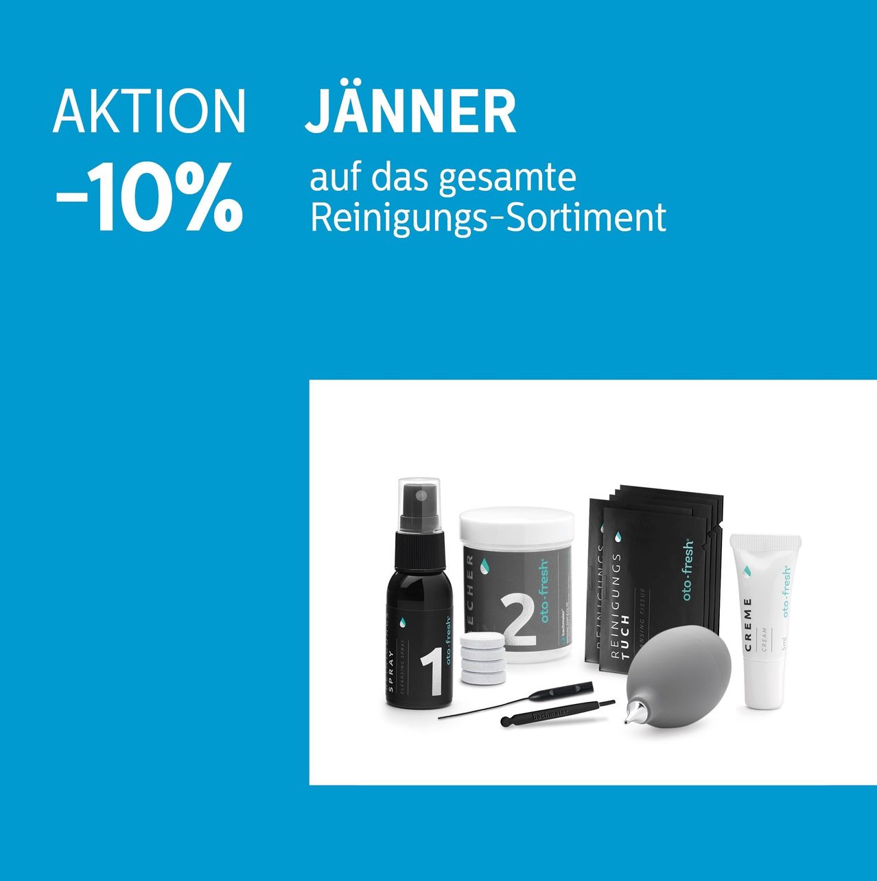 Werbeanzeige für Reinigungsprodukte mit 10% Rabatt. Die Produkte umfassen Sprays, Cremes und andere Reinigungswerkzeuge.