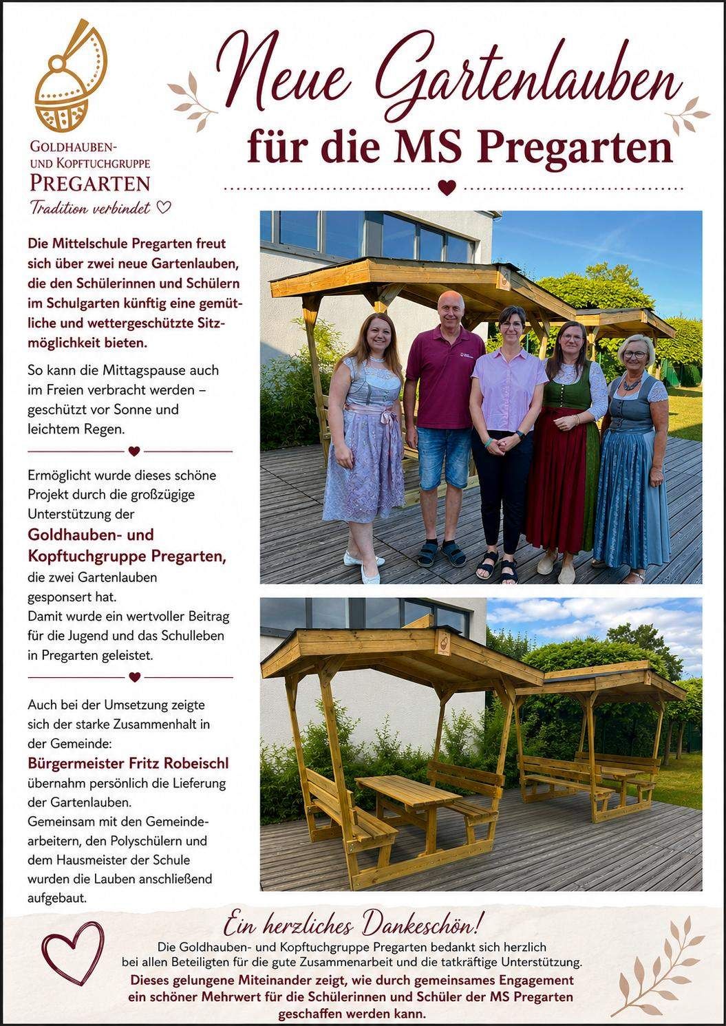Eine Gruppe von Menschen, darunter ein Mann und drei Frauen, steht vor einem hölzernen Pavillon auf einer Terrasse. Das Bild zeigt auch einen hölzernen Picknicktisch und eine Bank. Der Text über dem Bild ist auf Deutsch.