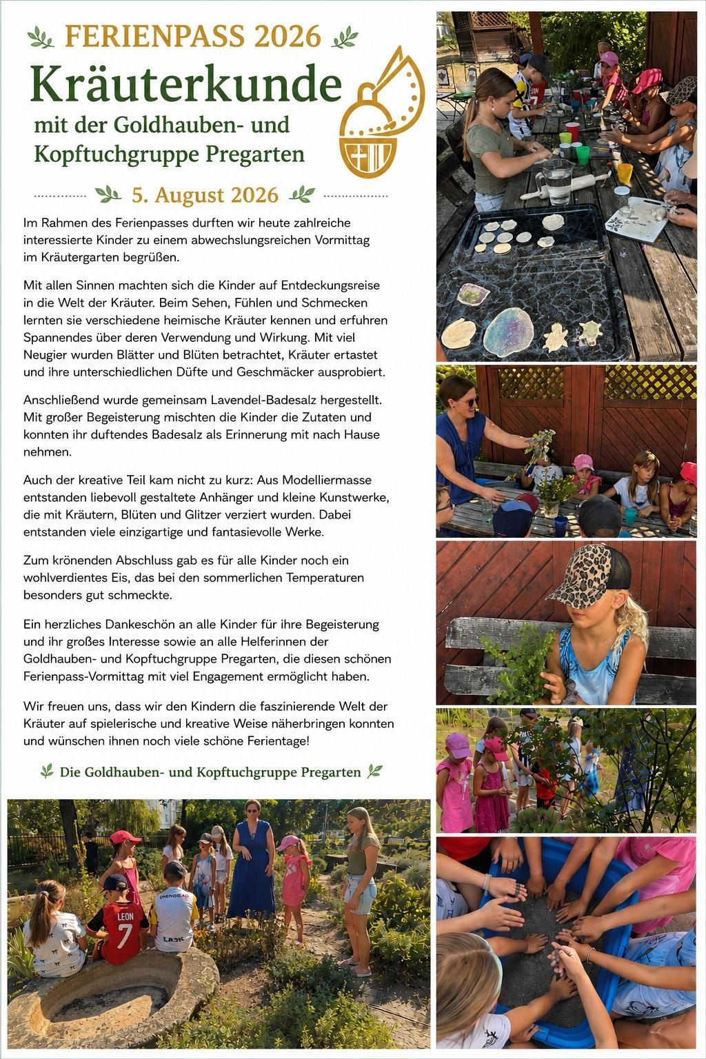 A flyer for a children's herbal garden event on August 5, 2026, featuring images of children exploring herbs, creating crafts, and enjoying a picnic. The flyer includes text in German.