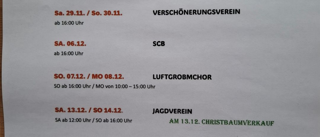 Veranstaltungsplan für PUNSCHSTANDL 2025, beginnend vom 29.11.2025 bis 30.11.2025, mit verschiedenen Clubs und Aktivitäten wie SCB am 6.12., und andere wie Jagdverein und Jugend am 13.12. und 20.12. jeweils.