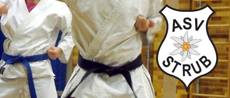 Drei Kampfsportler in weißen Uniformen mit Gürteln, einem blauen und zwei schwarzen, führen eine Routine in einem Studio durch.