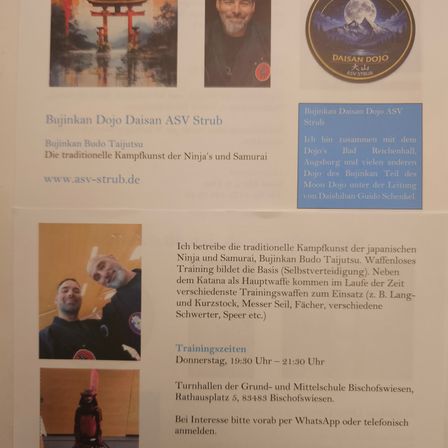 Bujinkan Dojo Daisan ASV Strub bietet traditionelle Kampfkünste der Ninja und Samurai, Bujinkan Budo Taijutsu. Das Training umfasst Waffen wie Katana, Bokken und andere. Kurse finden donnerstags von 19:30 bis 21:30 in der Turnhalle der Grund- und Mittelschule statt. Kontakt per WhatsApp oder Telefon.