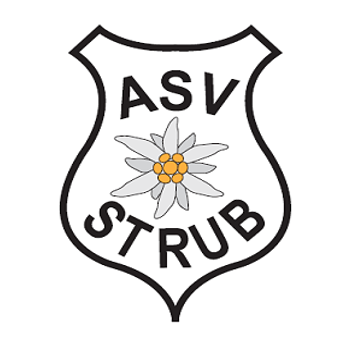 Das ASV Strub Logo zeigt einen stilisierten Schild mit einer weißen Blume in der Mitte. Der Schild hat einen schwarzen Umriss und der Text 'ASV STrub' ist schwarz unter der Blume geschrieben.
