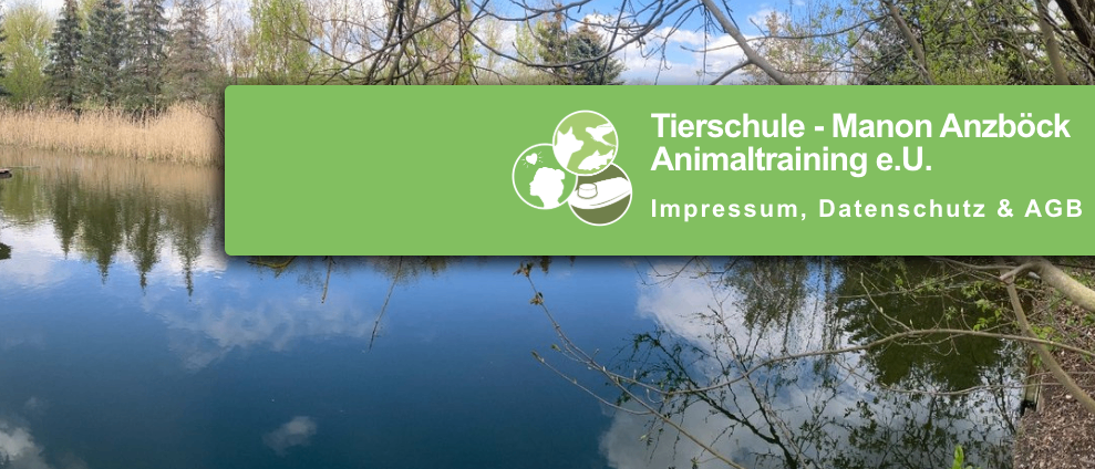 Eine Außenszene mit einem ruhigen See, der Bäume und Himmel reflektiert. Ein grüner Banner zeigt ein Logo und den Text 'Tierschule - Manor Animaltraining e.U. Impressum, Daten'.