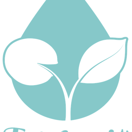 Ein Logo in Wassertropfenform mit einer stilisierten Pflanze mit zwei Blättern und einem Stiel auf schwarzem Hintergrund.