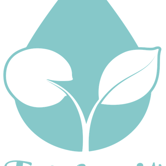 Ein Logo in Wassertropfenform mit einer stilisierten Pflanze mit zwei Blättern und einem Stiel auf schwarzem Hintergrund.