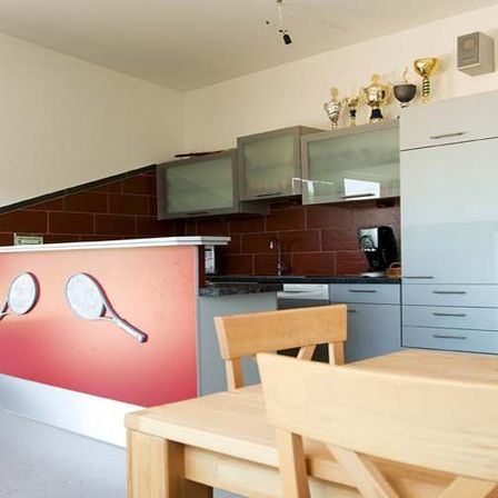 Indoors, Interior Design, Dining Room, Dining Table, Table, Door, Kitchen, Housing, Staircase, Monitor